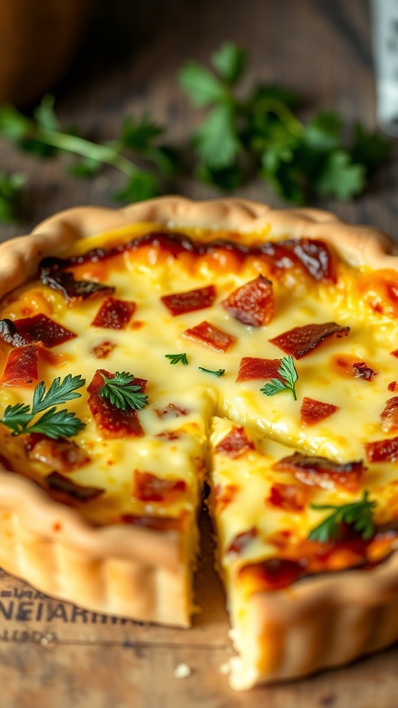 A slice of quiche Lorraine with bacon and cheese on a wooden table, garnished with parsley.